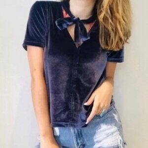 Madewell NWT Short Sleeve Blue Gray Velvet Top with Choker Size XXS